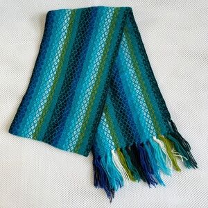 Alpaca Scarf Blue Green Striped Fringe Rectangle Woven Lightweight 8" x 58"